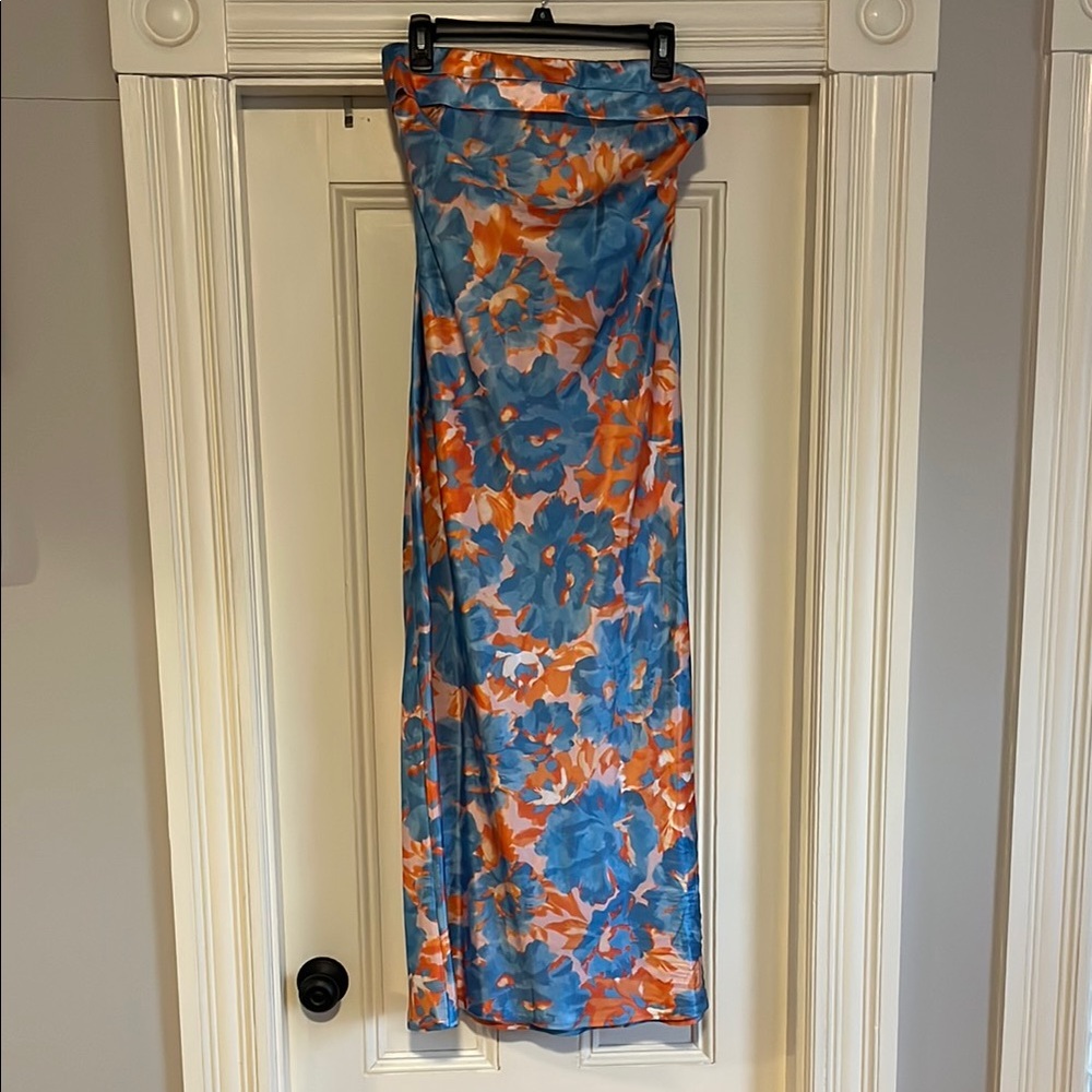 Strapless Open Back MIDI Dress - Blue and Orange